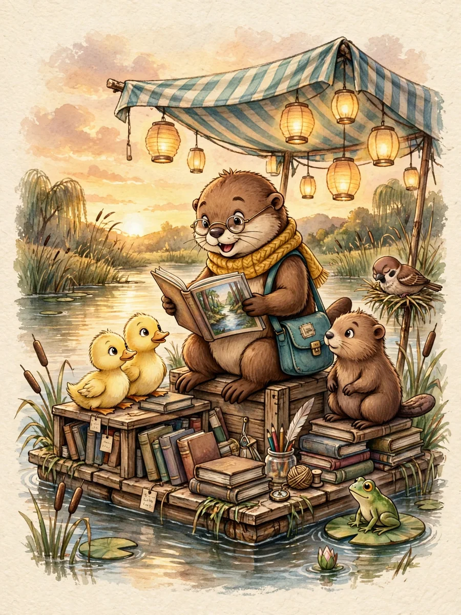 Pip the Otter Librarian Story Hour on the River (Picture Book Spread) — ChatGPT Prompt