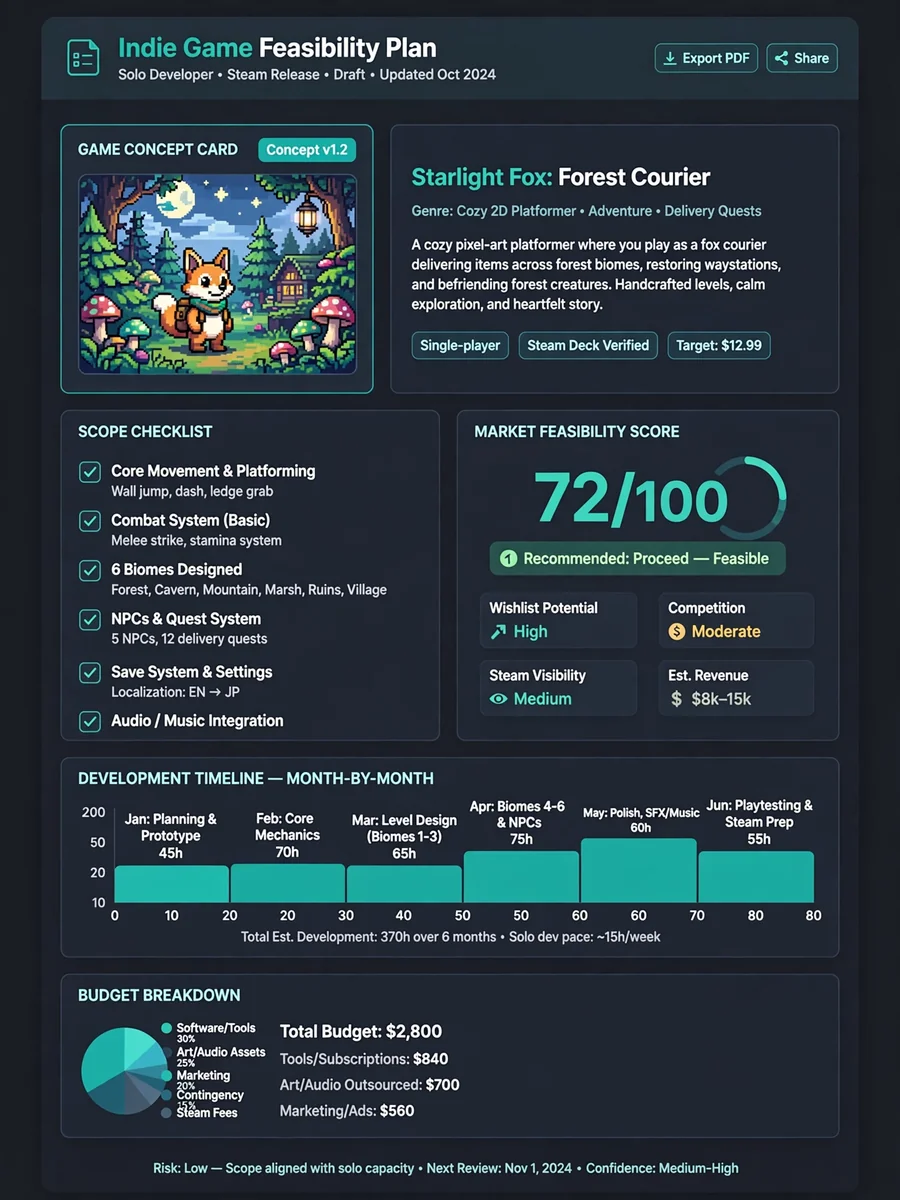 Act as a Solo Indie Steam Game Feasibility Planner — ChatGPT Prompt