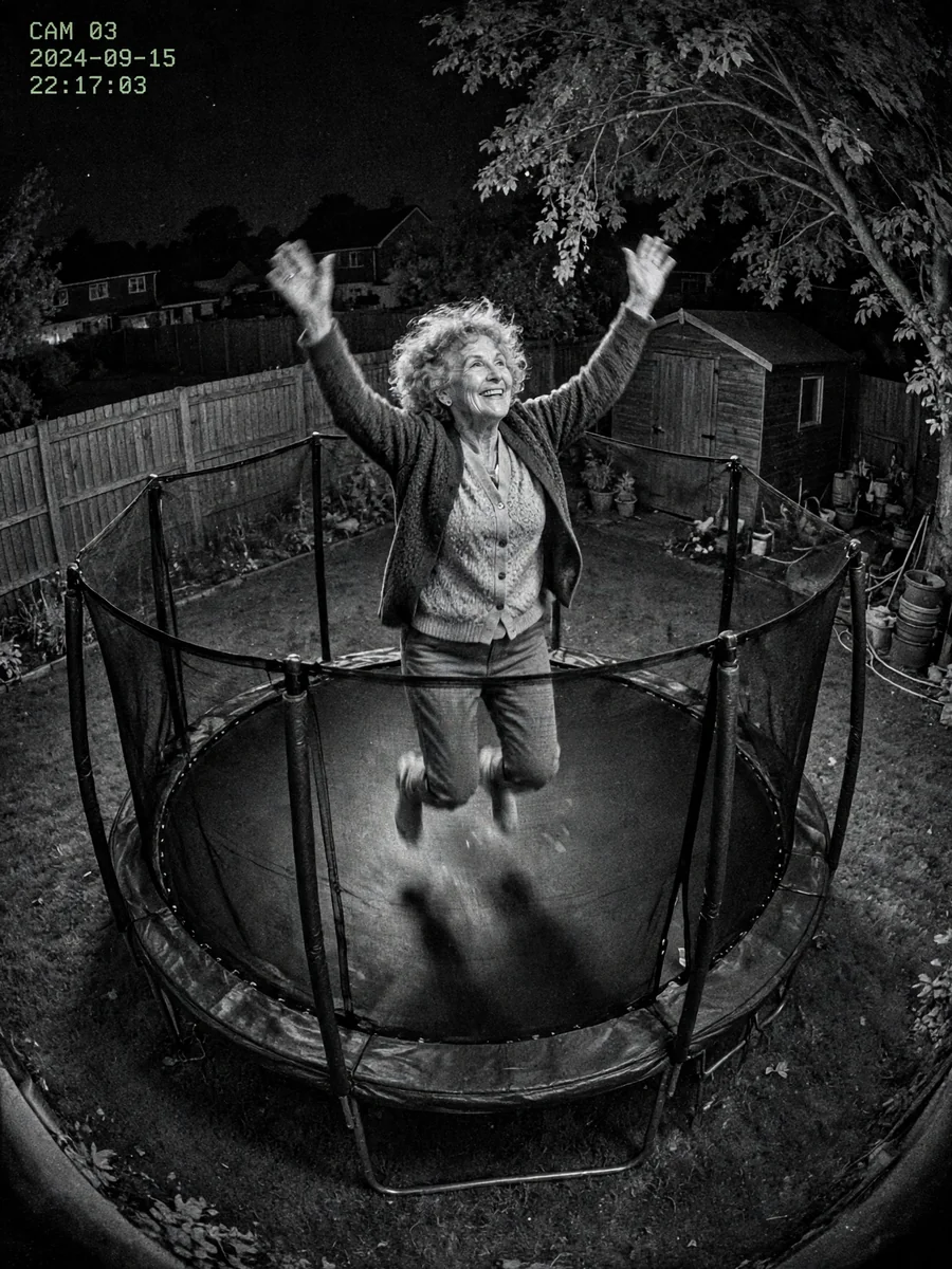 Grandma on the Backyard Trampoline Security Cam Clip — ChatGPT Prompt