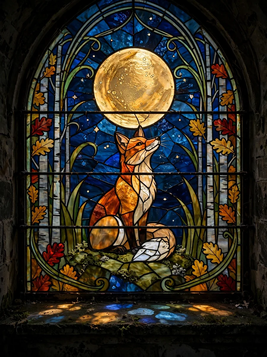 Stained Glass Window of a Fox Under a Harvest Moon — ChatGPT Prompt