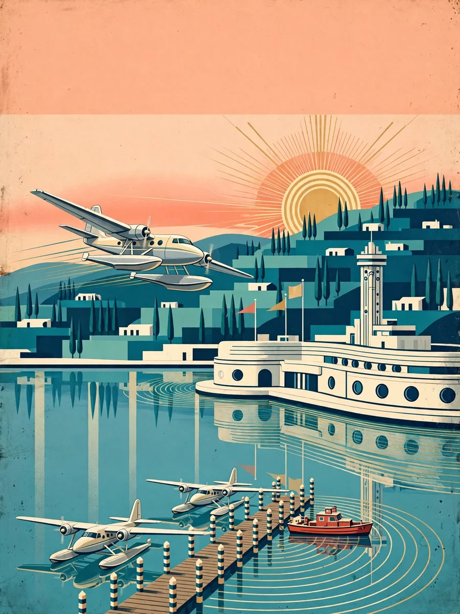 Art Deco Travel Poster of a Seaplane Harbor at Dawn — ChatGPT Prompt