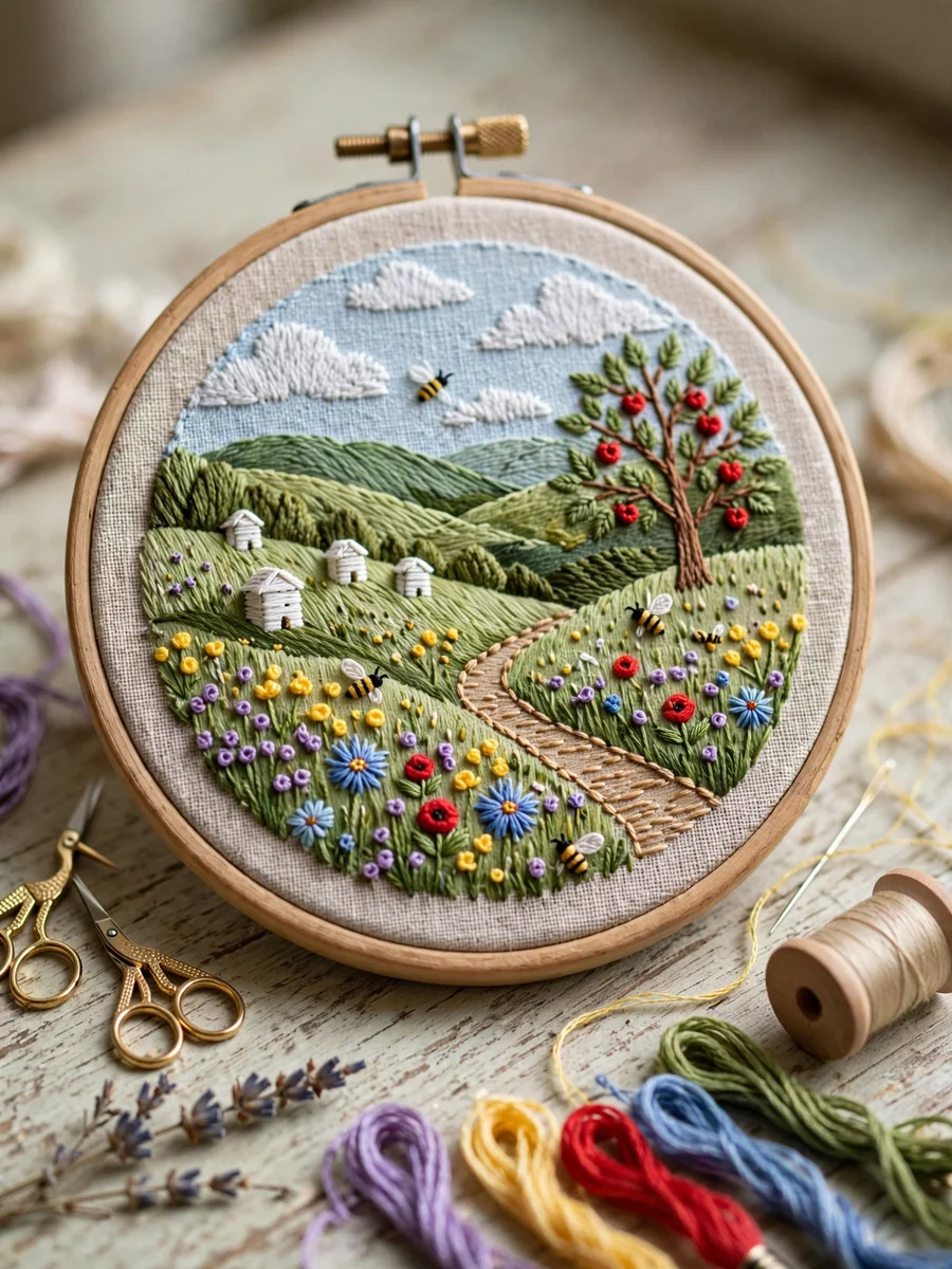 Hand-Embroidered Hoop Art of a Wildflower Beekeeping Meadow — ChatGPT Prompt