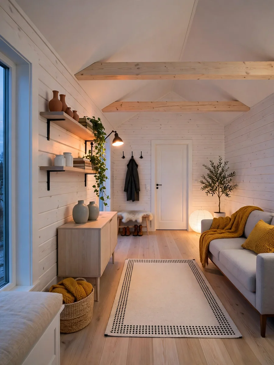 Nordic Cabin Living Room at Dusk (Reverse Angle View) — ChatGPT Prompt