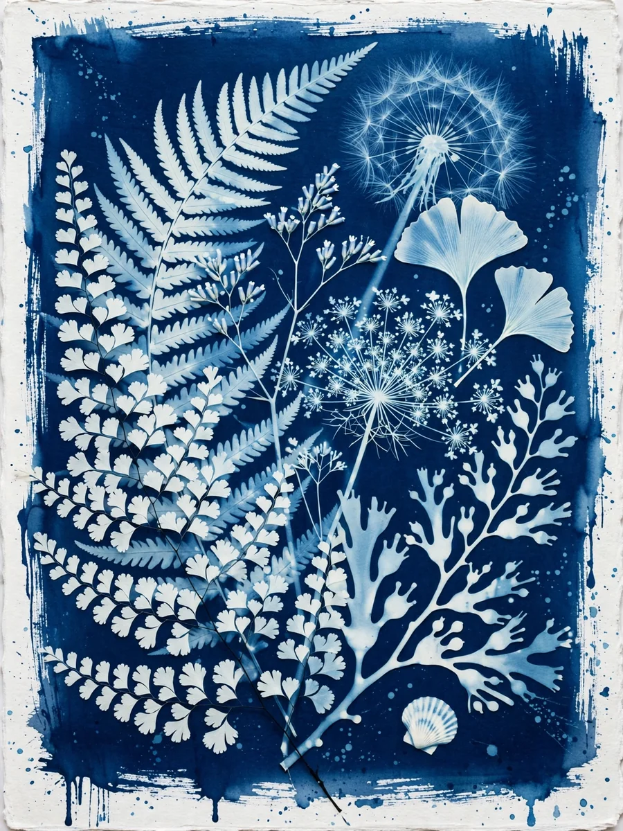 Cyanotype Sun Print of Coastal Ferns and Seaweed — ChatGPT Prompt
