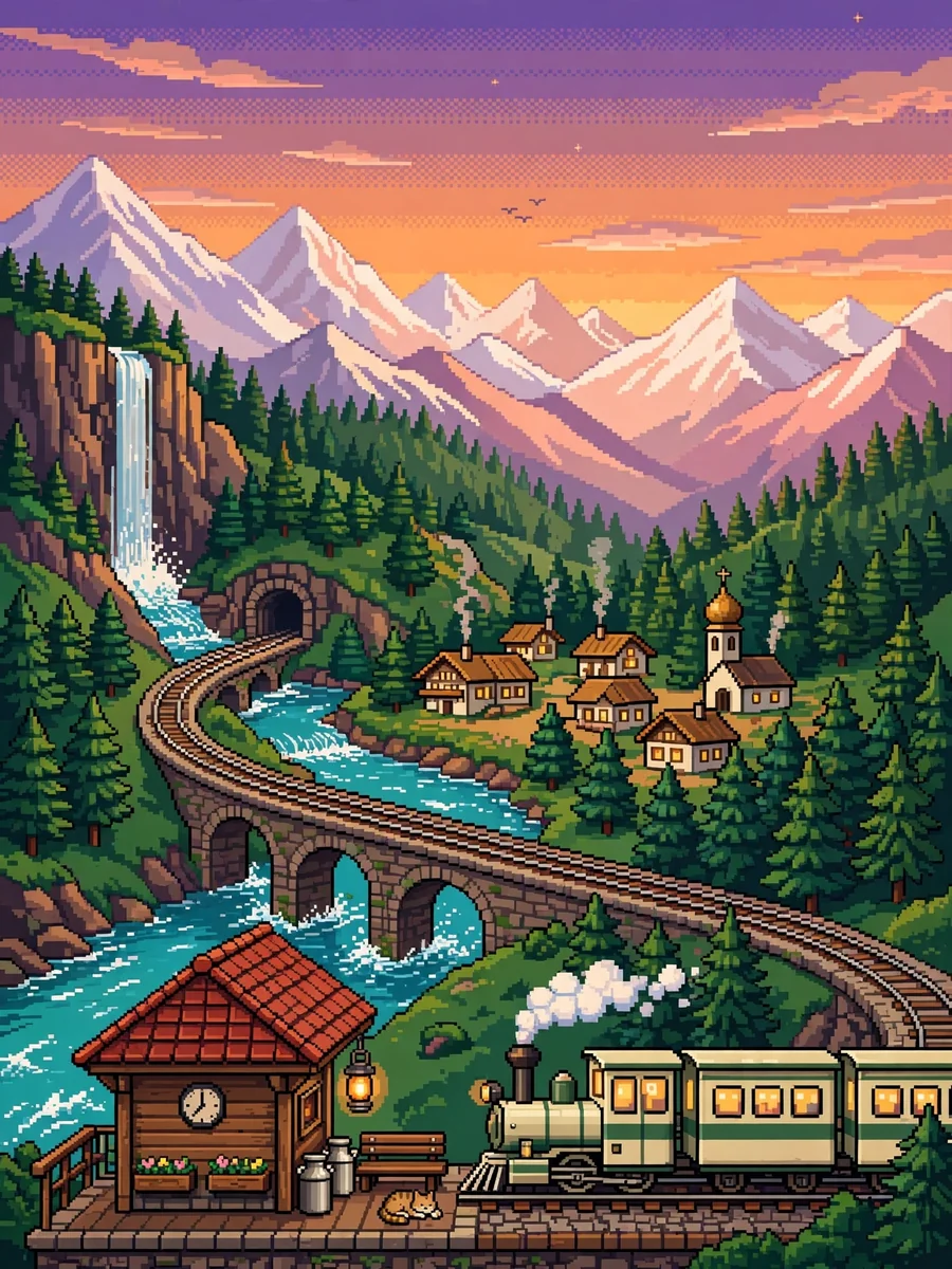 Pixel Art Alpine Railway Station at Sunset (16-Bit Game Scene) — ChatGPT Prompt