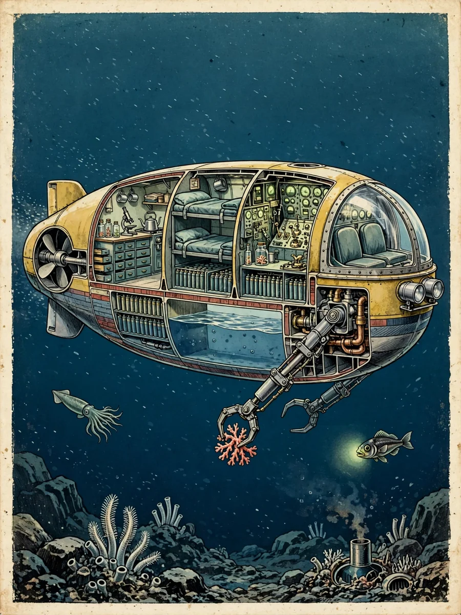 Vintage Cutaway Illustration of a Deep-Sea Research Submarine — ChatGPT Prompt