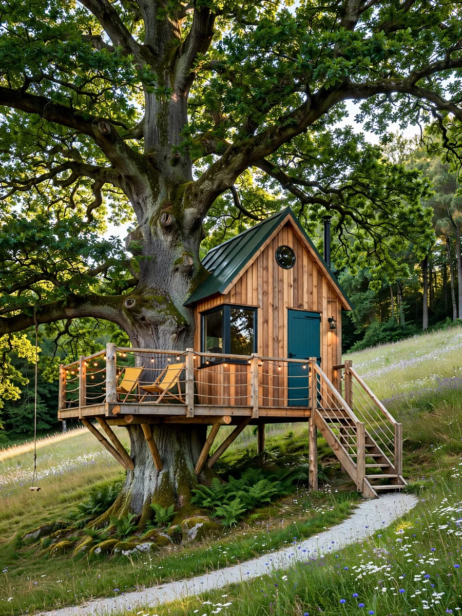 Cedar Treehouse Retreat in an Old Oak (Summer Afternoon) — ChatGPT Prompt