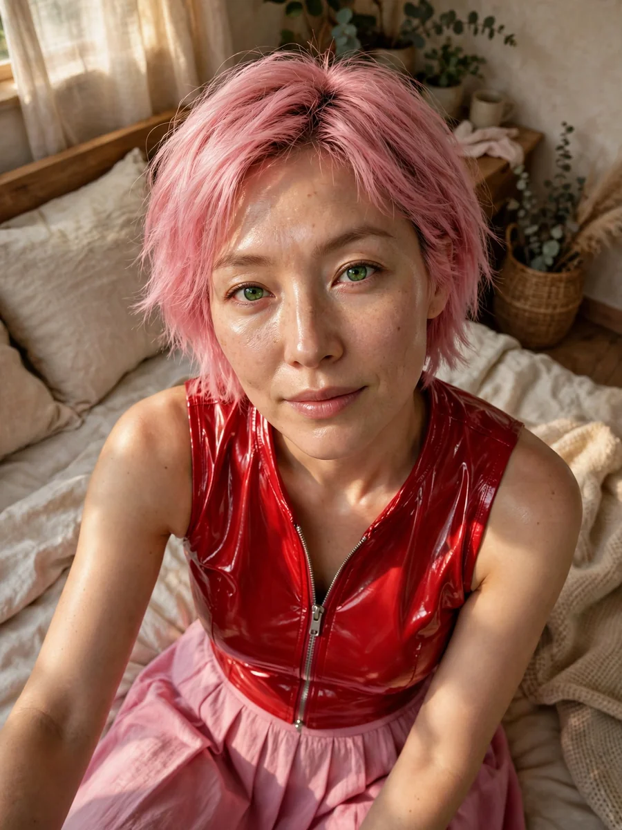 Pink Hair, Green Eyes: A Cozy Bedroom Portrait — ChatGPT Prompt