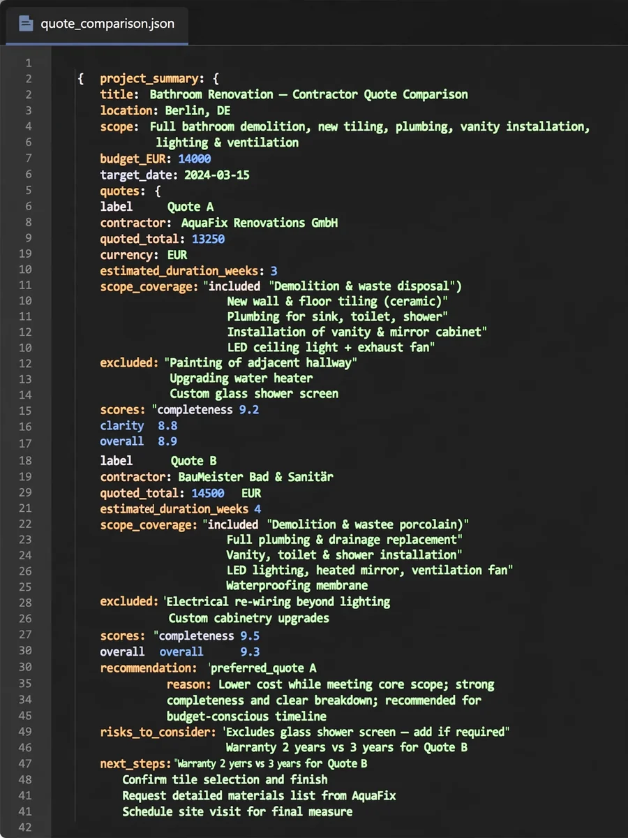 Act as a Home Renovation Contractor Quote Comparison (JSON) — ChatGPT Prompt