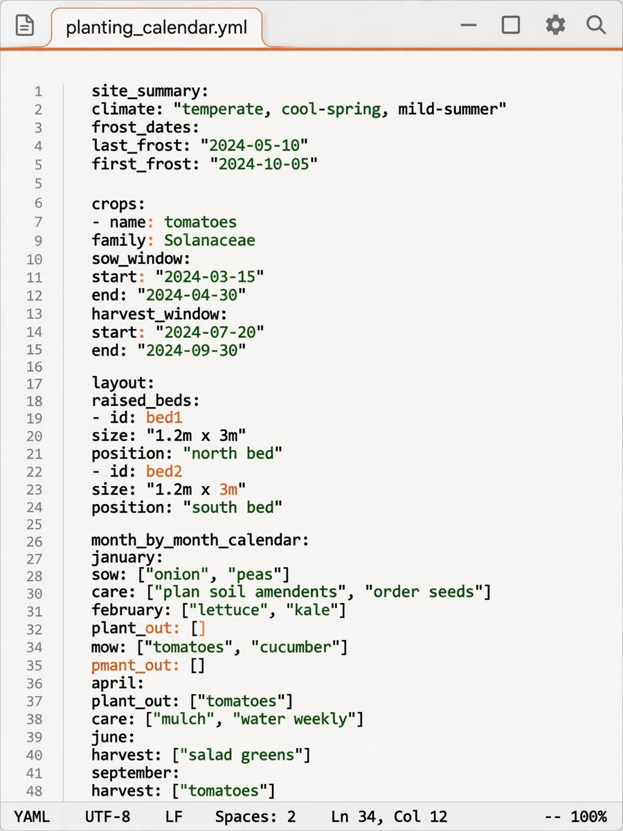 Act as a Vegetable Garden Planting Calendar Builder (YAML) — ChatGPT Prompt