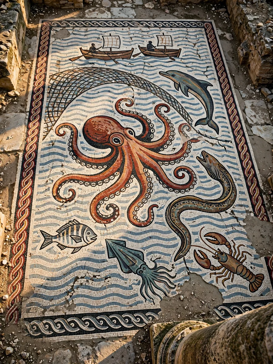 Ancient Roman Floor Mosaic of an Octopus and Fishing Boats — ChatGPT Prompt