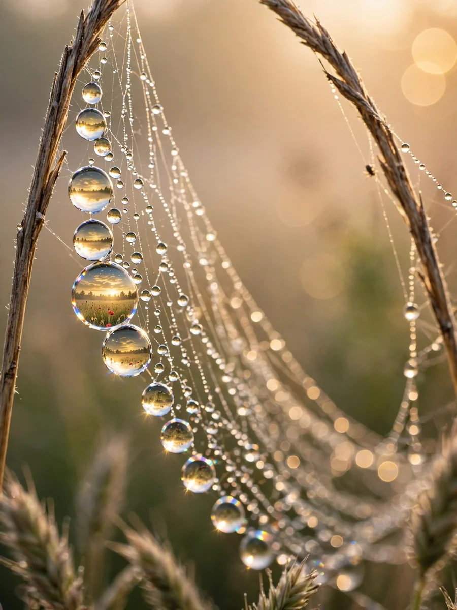 Macro Photograph of Dewdrops on a Spider Web at Sunrise — ChatGPT Prompt