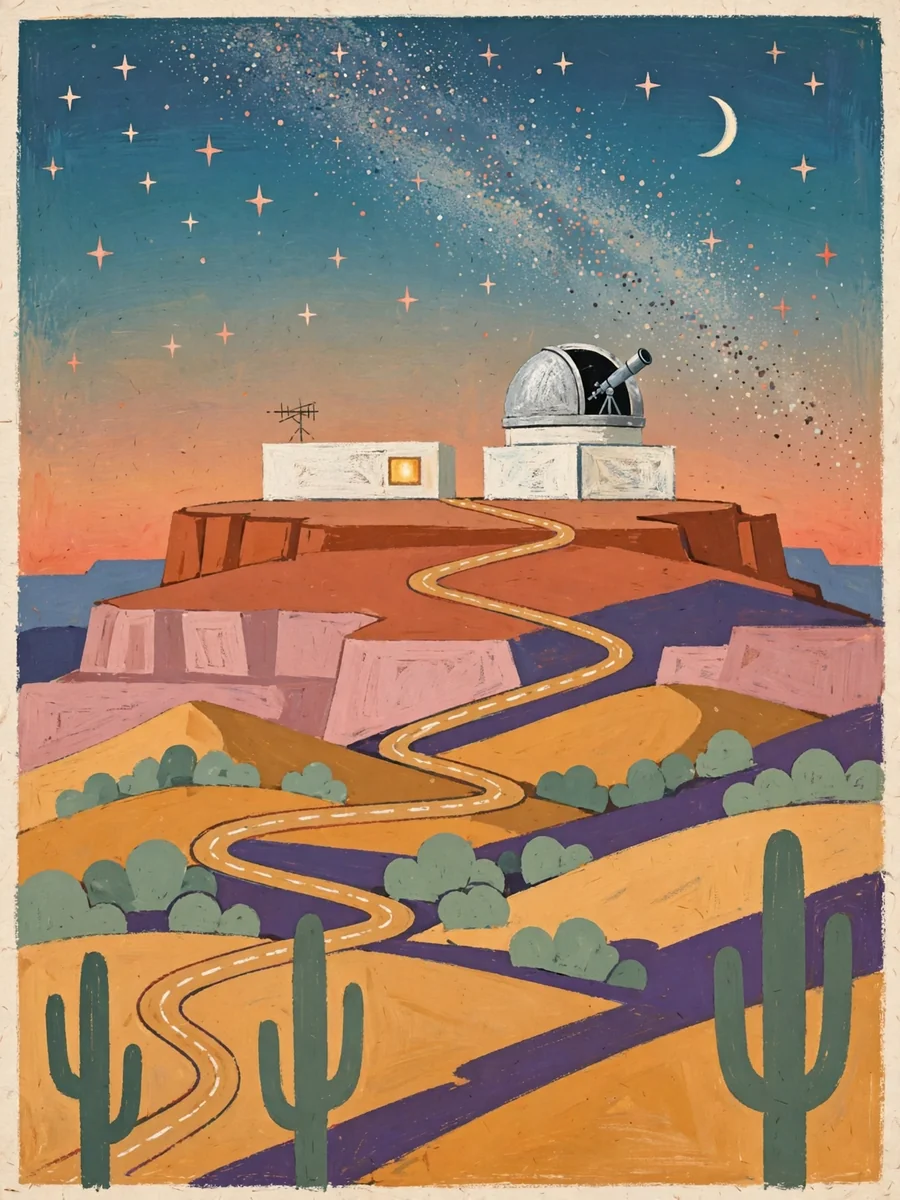 Mid-Century Gouache Illustration of a Desert Observatory at Dusk — ChatGPT Prompt