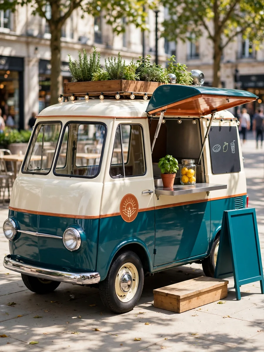 Retro Teal Food Truck Concept in a Sunny City Plaza (Lunchtime View) — ChatGPT Prompt