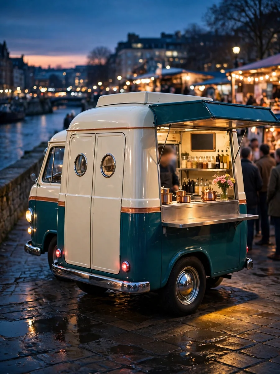 Retro Teal Food Truck at a Riverside Night Market (Rear Right View) — ChatGPT Prompt