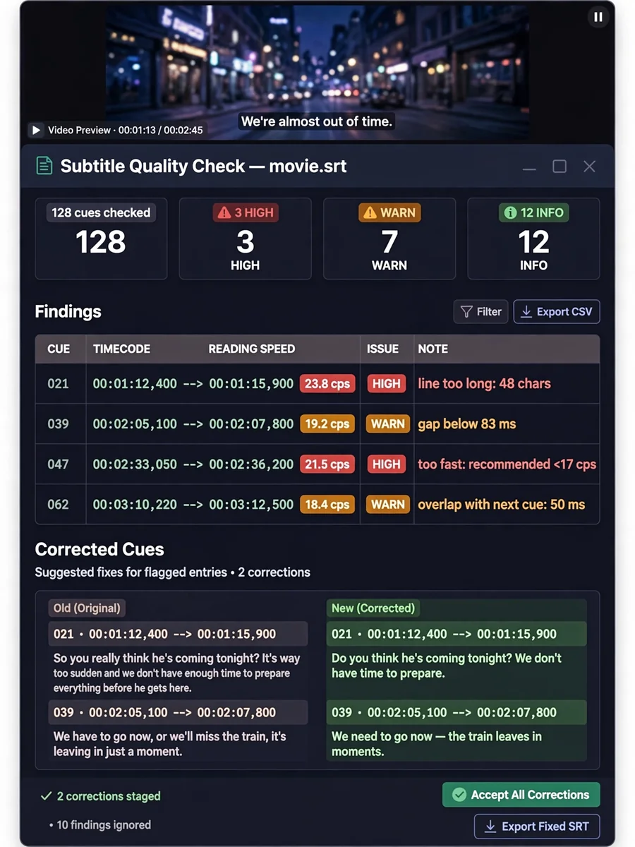 Act as a SRT Subtitle Quality Checker — ChatGPT Prompt