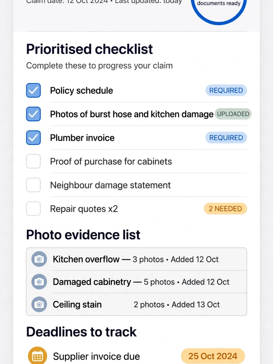 Act as an Insurance Claim Document Checklist Builder (JSON) — ChatGPT Prompt