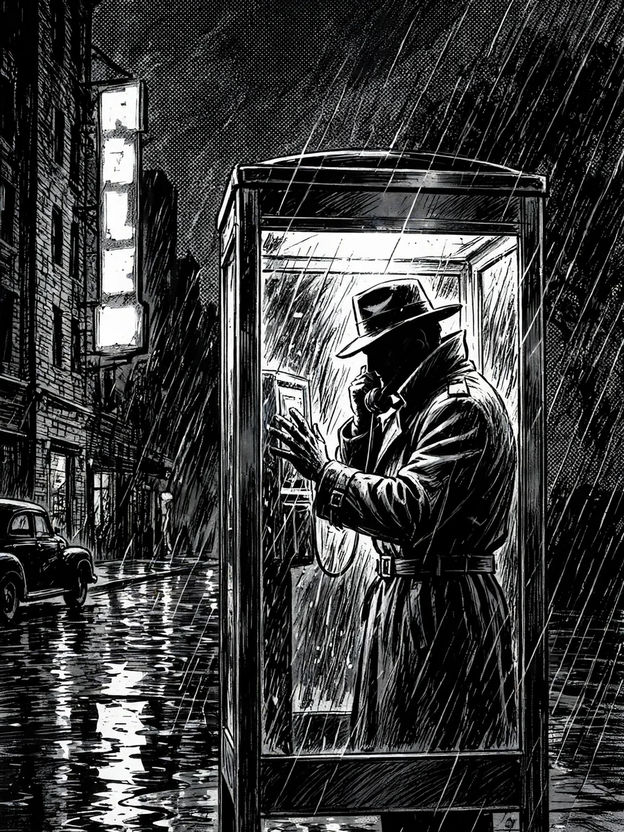 Noir Comic Panel of a Detective in a Rain-Soaked Phone Booth — ChatGPT Prompt