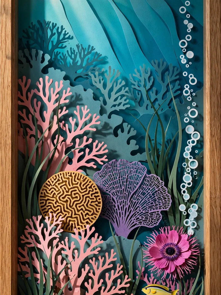 Cut-Paper Shadow Box of a Coral Reef Aquarium — ChatGPT Prompt