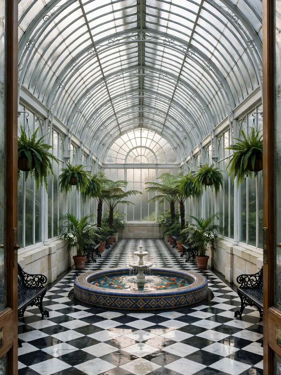 Victorian Glass Conservatory Interior with Ferns (Morning Light) — ChatGPT Prompt
