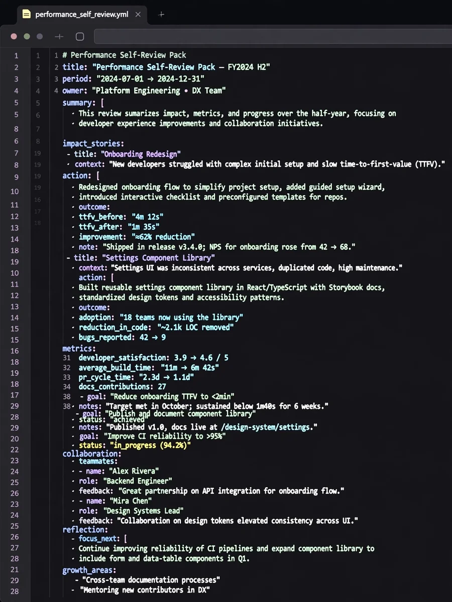 Act as a Performance Self-Review Evidence Builder (YAML) — ChatGPT Prompt