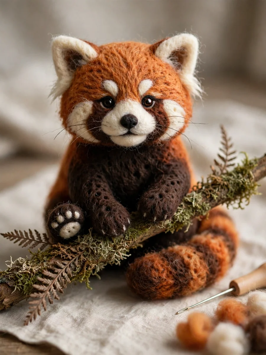 Needle-Felted Wool Red Panda on a Mossy Branch — ChatGPT Prompt