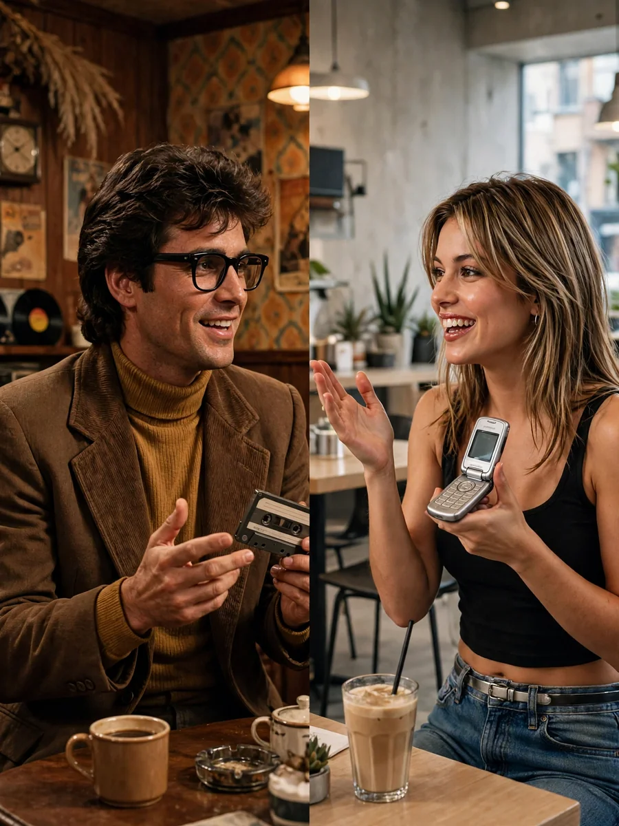 1980s vs Modern Café Split-Screen Video Scene — ChatGPT Prompt