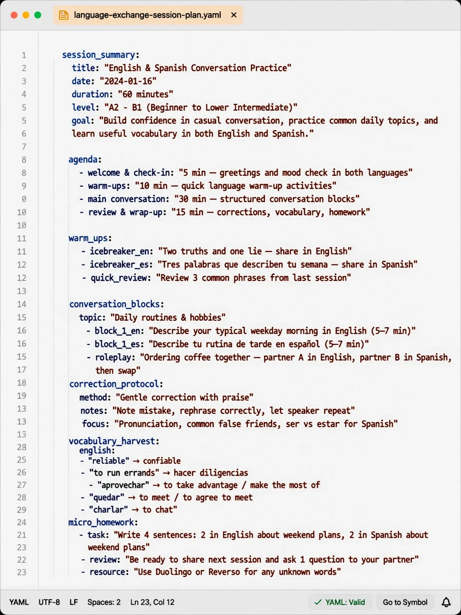 Act as a Language Exchange Conversation Session Builder (YAML) — ChatGPT Prompt