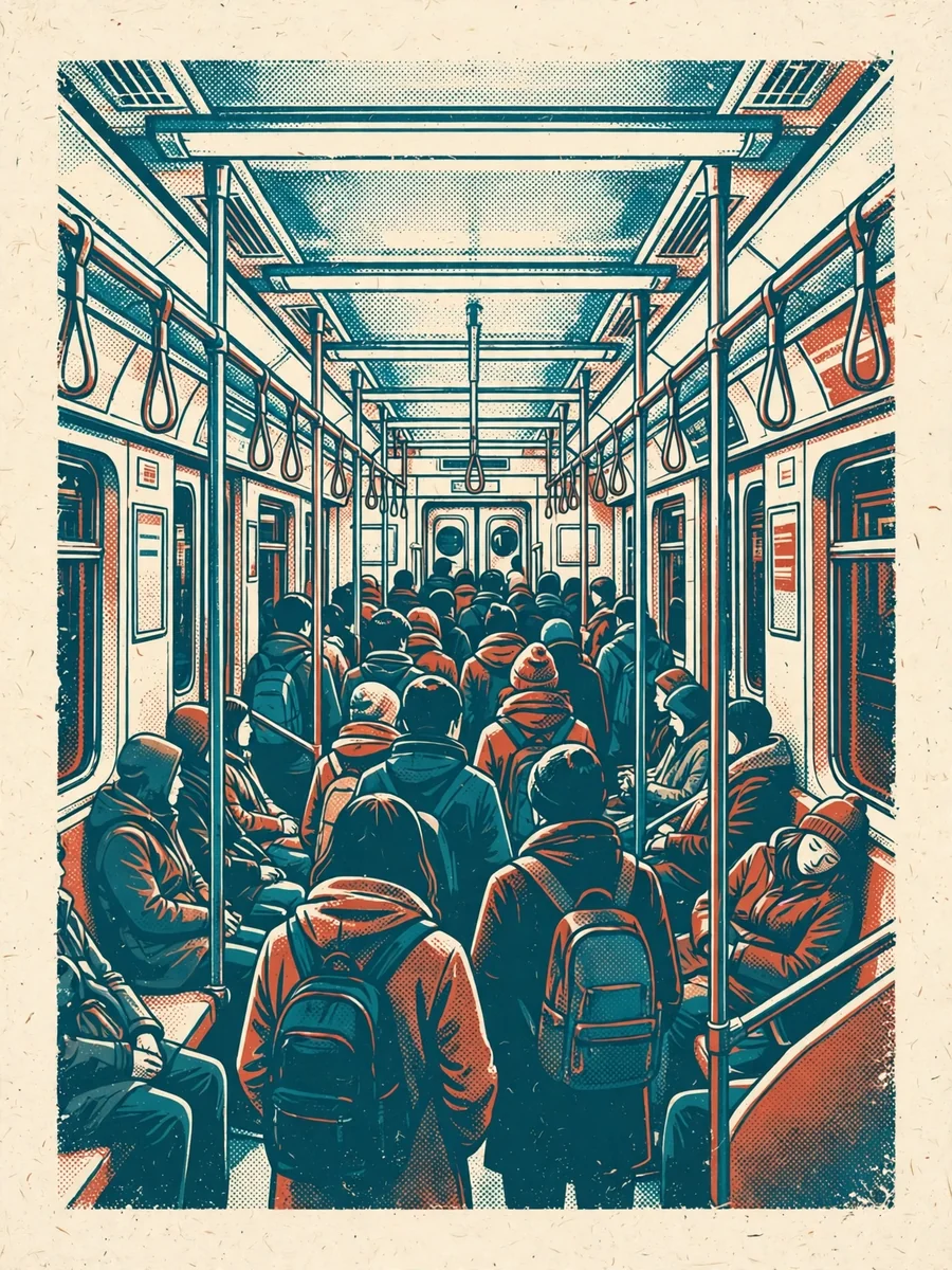 Risograph Print of a Crowded Night Train Carriage — ChatGPT Prompt