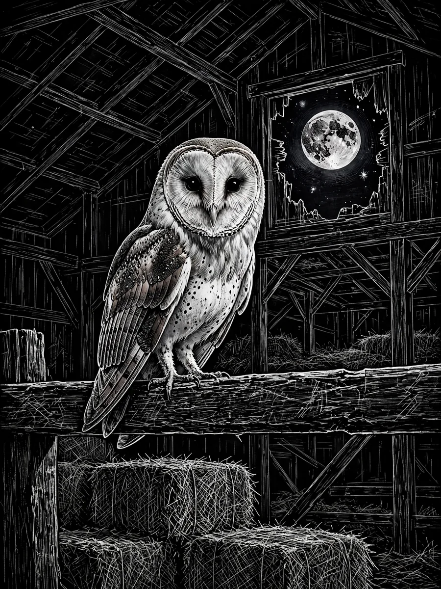 Scratchboard Illustration of a Barn Owl in a Moonlit Barn — ChatGPT Prompt