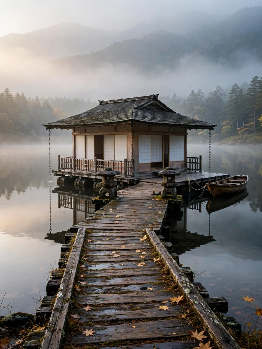 Floating Cedar Teahouse on a Misty Mountain Lake (Morning Approach) — ChatGPT Prompt