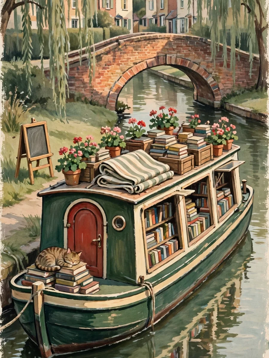 Gouache Illustration of a Floating Bookshop Barge on a Quiet Canal — ChatGPT Prompt