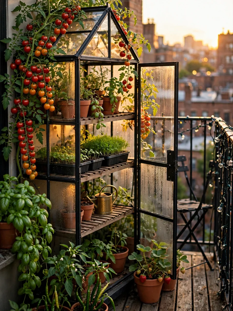 Photoreal Tiny Greenhouse on a City Balcony at Golden Hour — ChatGPT Prompt
