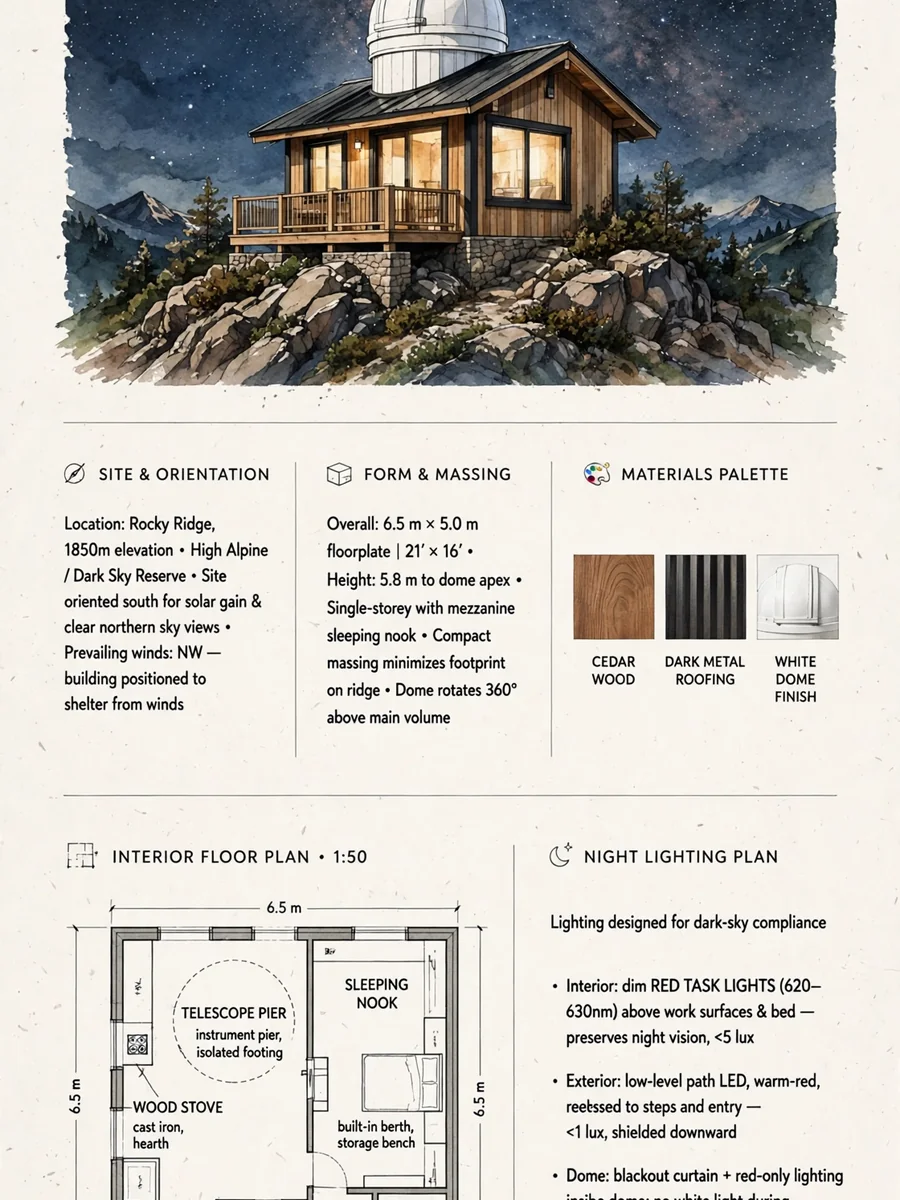 Act as a Mountain Observatory Cabin Concept Brief Builder — ChatGPT Prompt