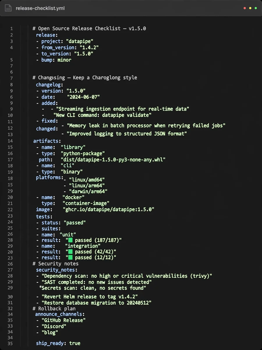 Open Source Release Checklist Builder (YAML) — ChatGPT Prompt