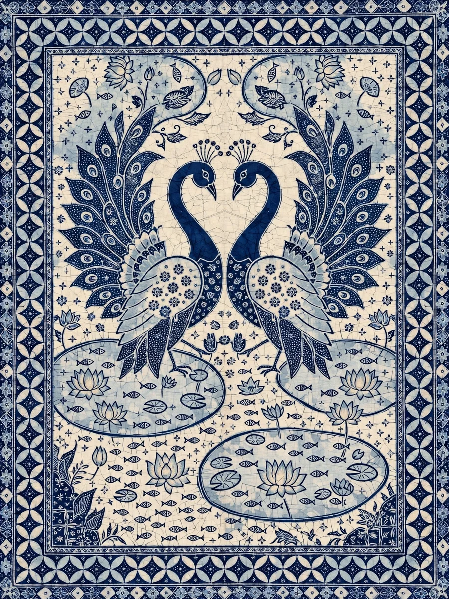 Batik Textile Pattern of Twin Peacocks and Lotus Ponds — ChatGPT Prompt