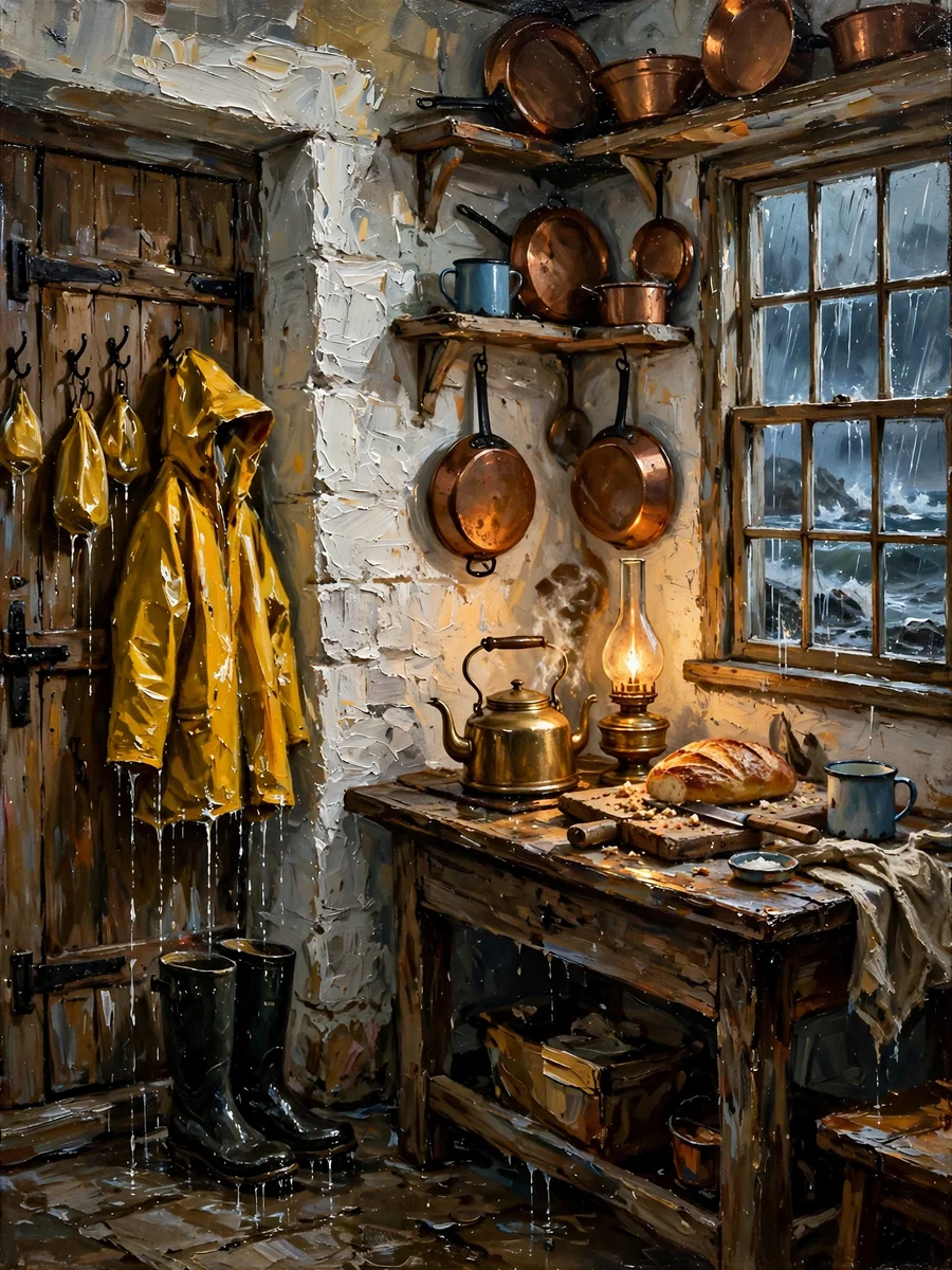 Oil Painting of a Lighthouse Keeper's Kitchen in a Storm — ChatGPT Prompt