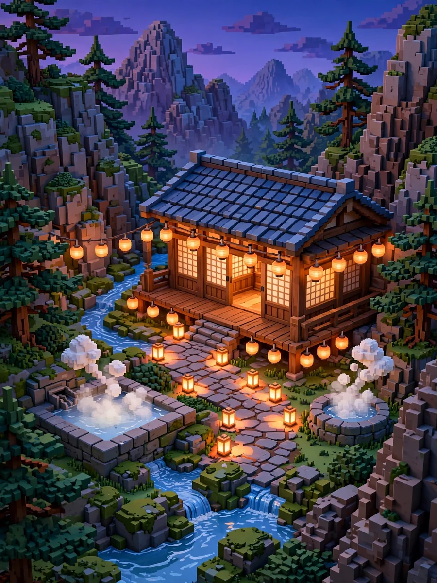 Isometric Voxel Game Scene of a Mountain Hot Spring Inn — ChatGPT Prompt