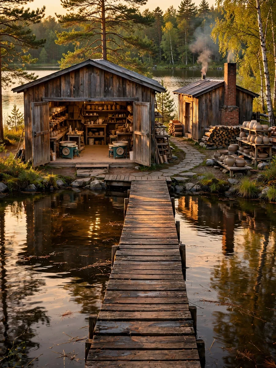 Cedar Lakeside Pottery Studio with Wood-Fired Kiln (Golden Hour Exterior) — ChatGPT Prompt