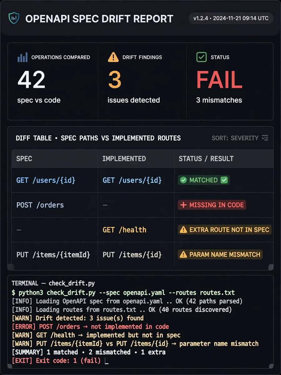Act as an OpenAPI Spec Drift Checker — ChatGPT Prompt