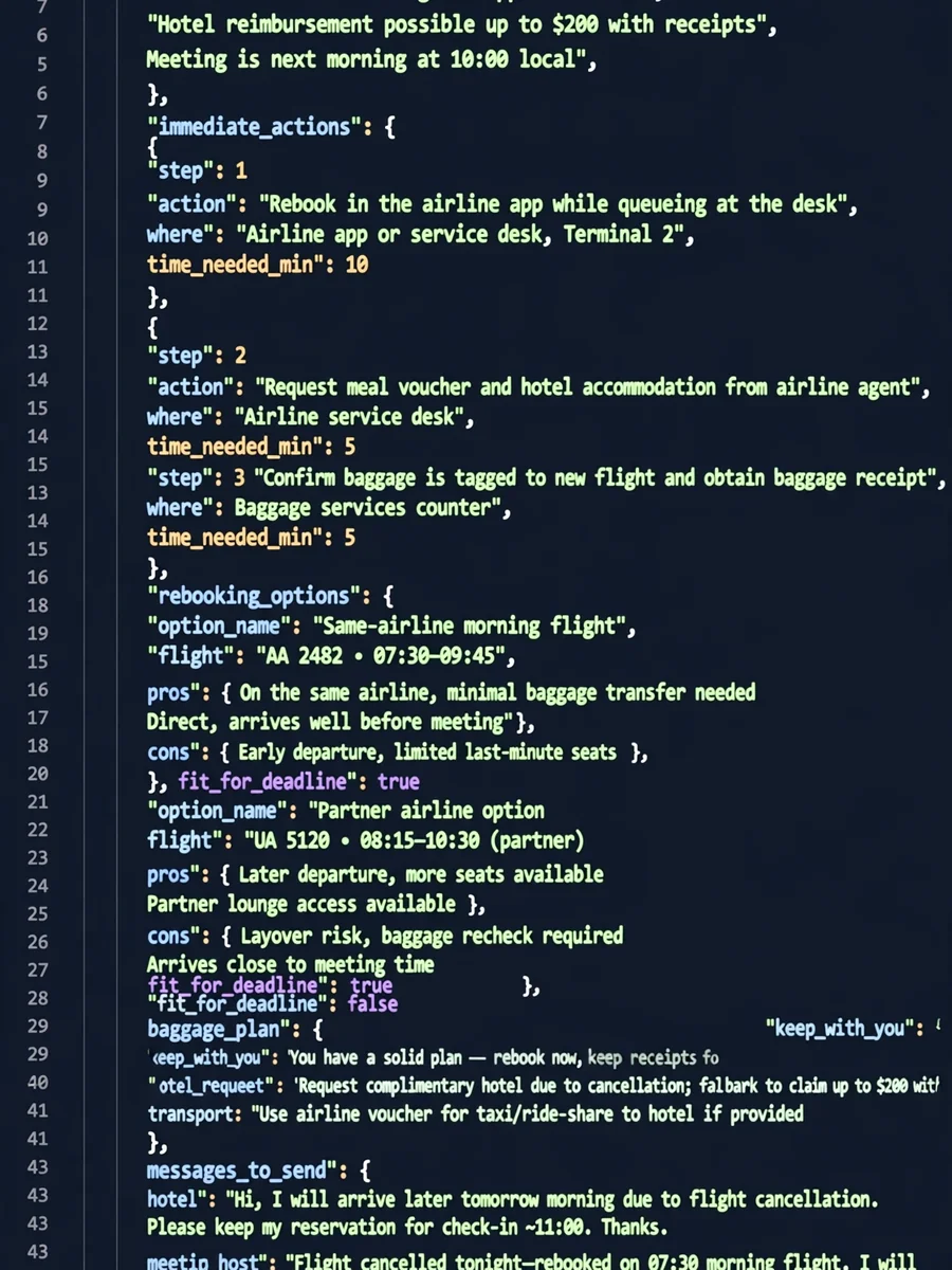 Act as a Flight Disruption Recovery Plan (JSON) — ChatGPT Prompt