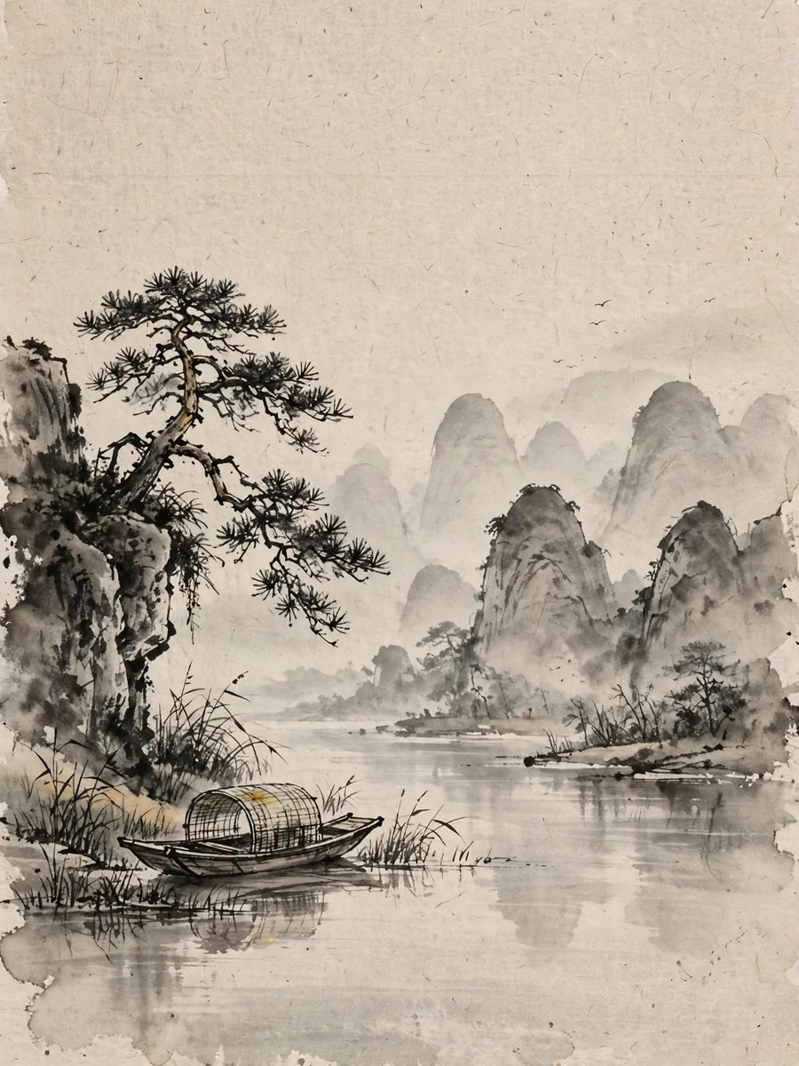 Chinese Ink Wash Painting of Misty Karst Peaks and an Empty Sampan — ChatGPT Prompt