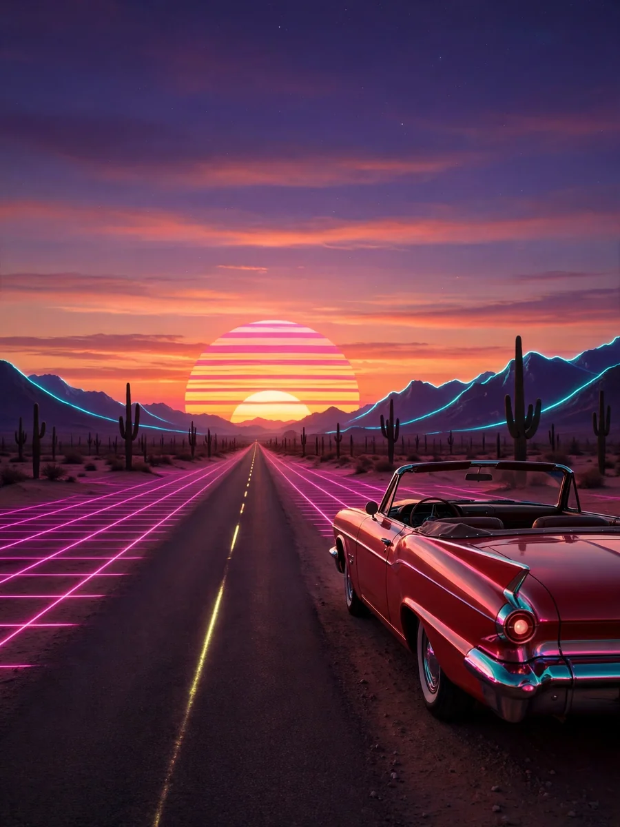 Synthwave Sunset Over an Empty Desert Highway with a Vintage Convertible — ChatGPT Prompt