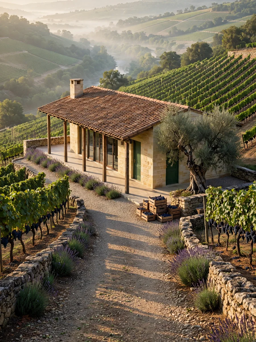 Limestone Vineyard Tasting Pavilion on a Hillside (Harvest Morning Exterior) — ChatGPT Prompt