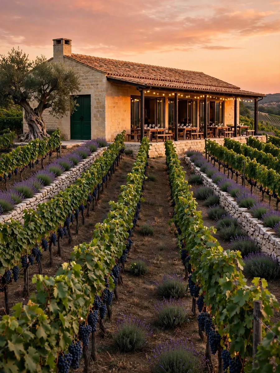 Vineyard Tasting Pavilion Terrace at Sunset (Downhill Vine Row View) — ChatGPT Prompt