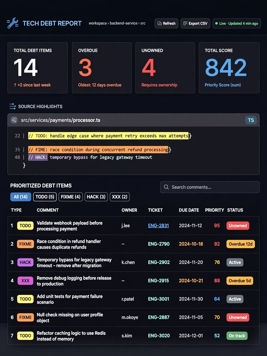 Act as a TODO Comment Debt Tracker — ChatGPT Prompt