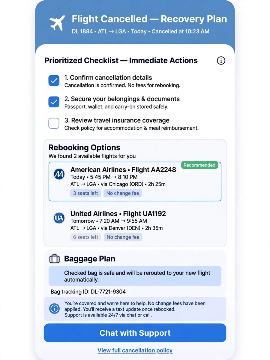 Act as a calm travel disruption assistant — ChatGPT Prompt