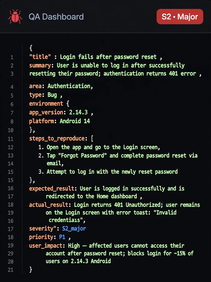 Bug Report Normalizer and Triage Card (JSON) — ChatGPT Prompt