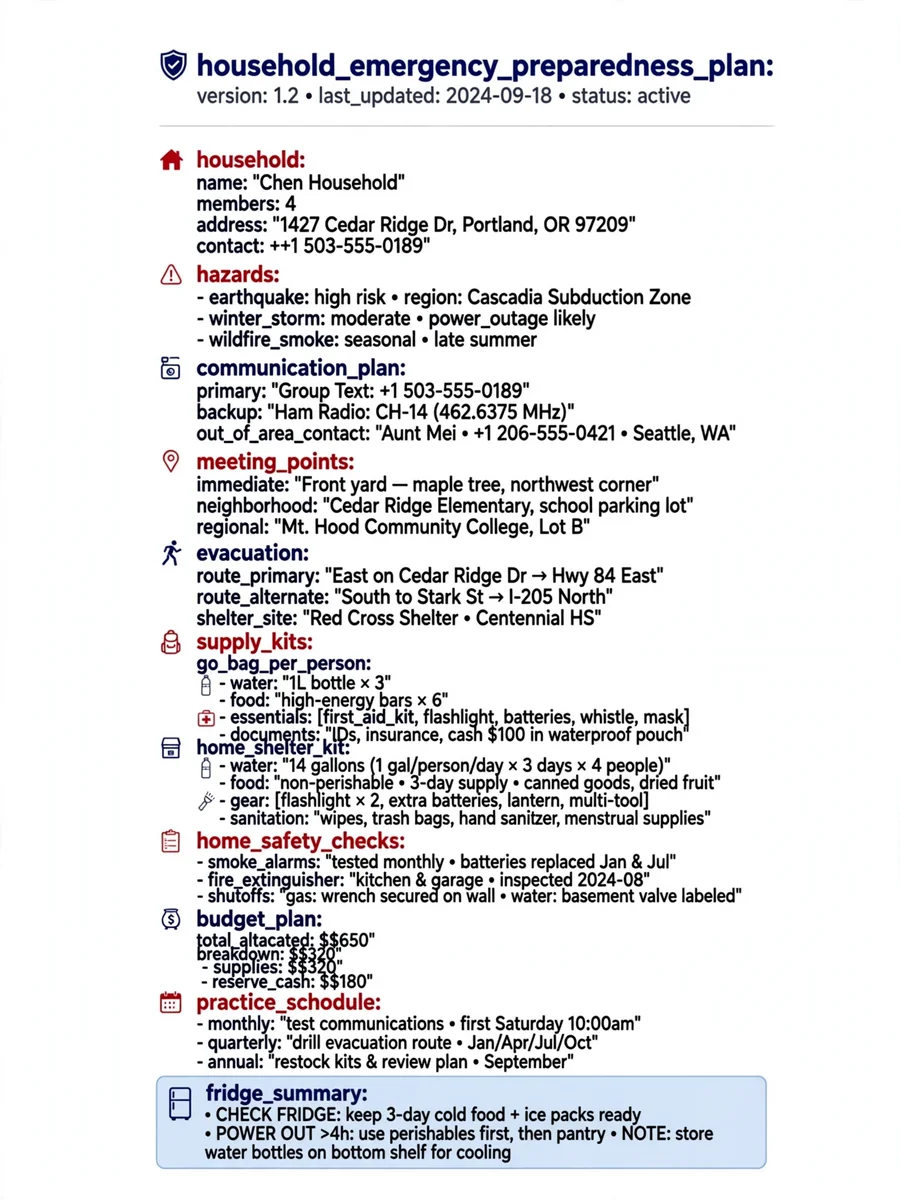 Act as a Household Emergency Preparedness Plan Builder (YAML) — ChatGPT Prompt