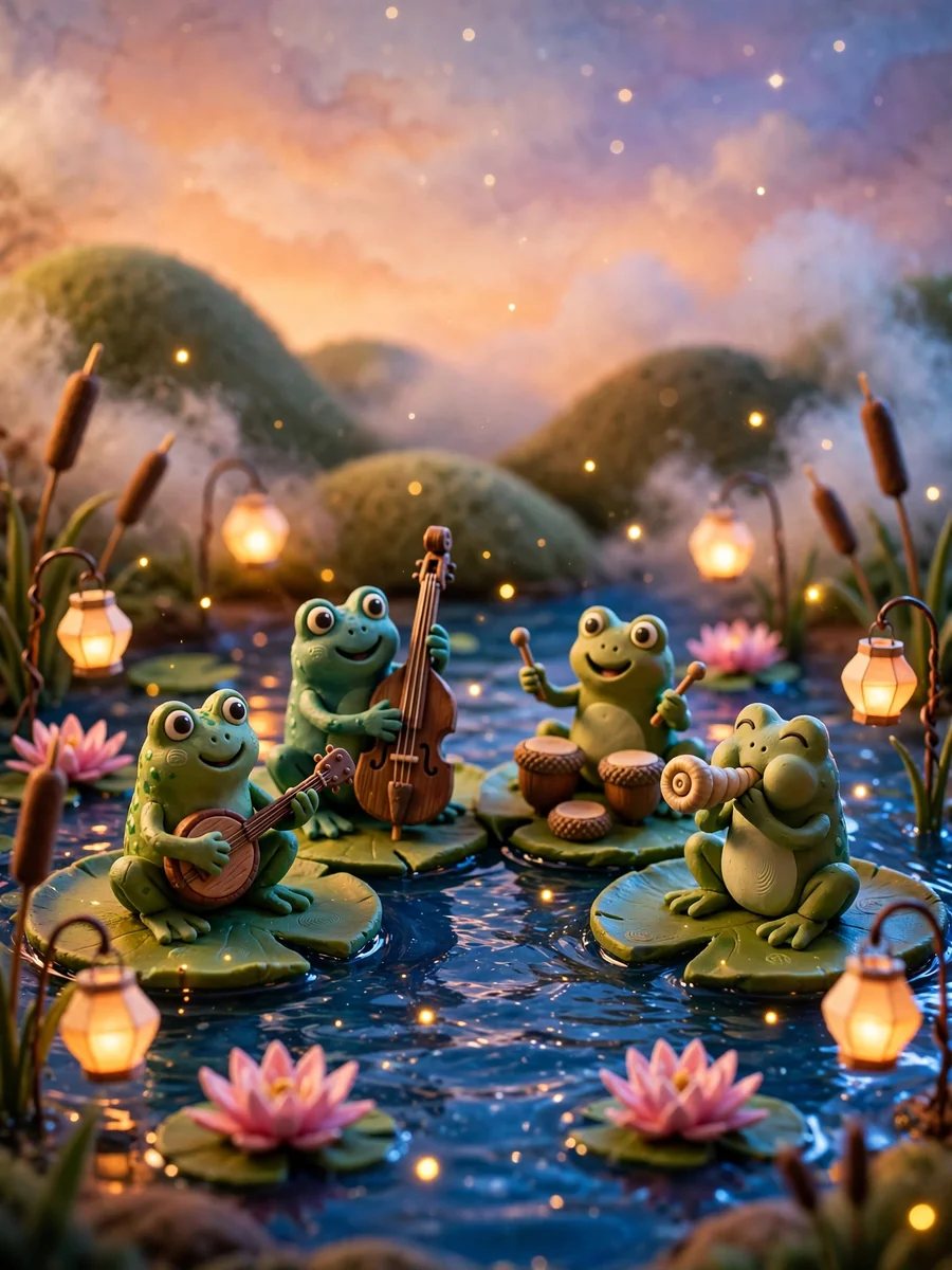 Claymation Diorama of a Frog Band Playing on Lily Pads at Dusk — ChatGPT Prompt